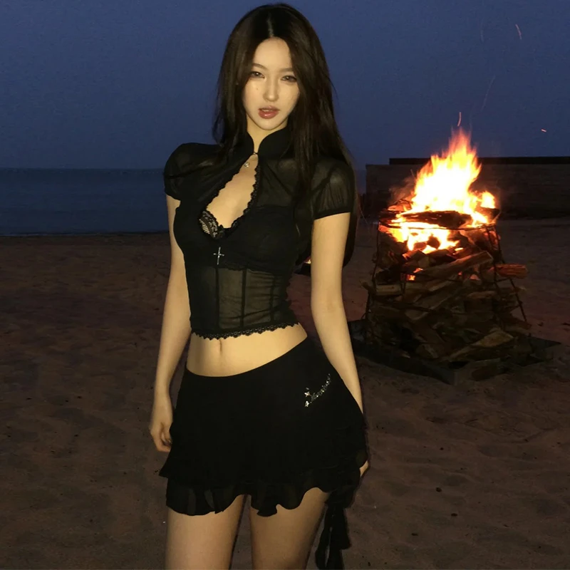 Tonngirls Y2k Fairycore Two Piece Set For Women Hollow Out Lace Mesh Shirt + Irregular Mini Shirts Vintage Skirt Sets Japanese