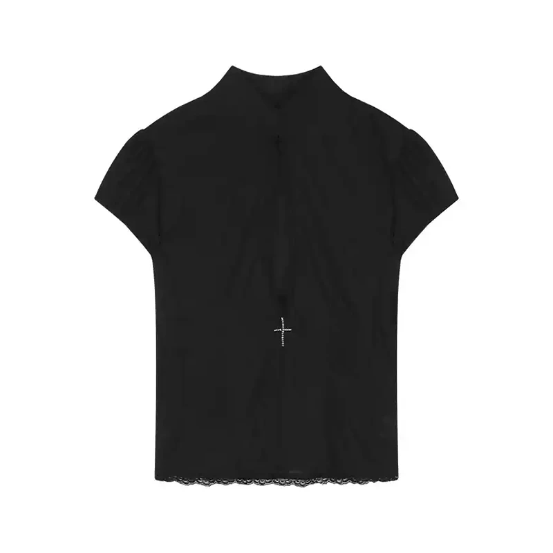 Tonngirls Y2k Fairycore Two Piece Set For Women Hollow Out Lace Mesh Shirt + Irregular Mini Shirts Vintage Skirt Sets Japanese
