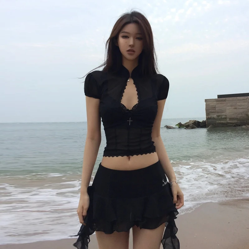 Tonngirls Y2k Fairycore Two Piece Set For Women Hollow Out Lace Mesh Shirt + Irregular Mini Shirts Vintage Skirt Sets Japanese