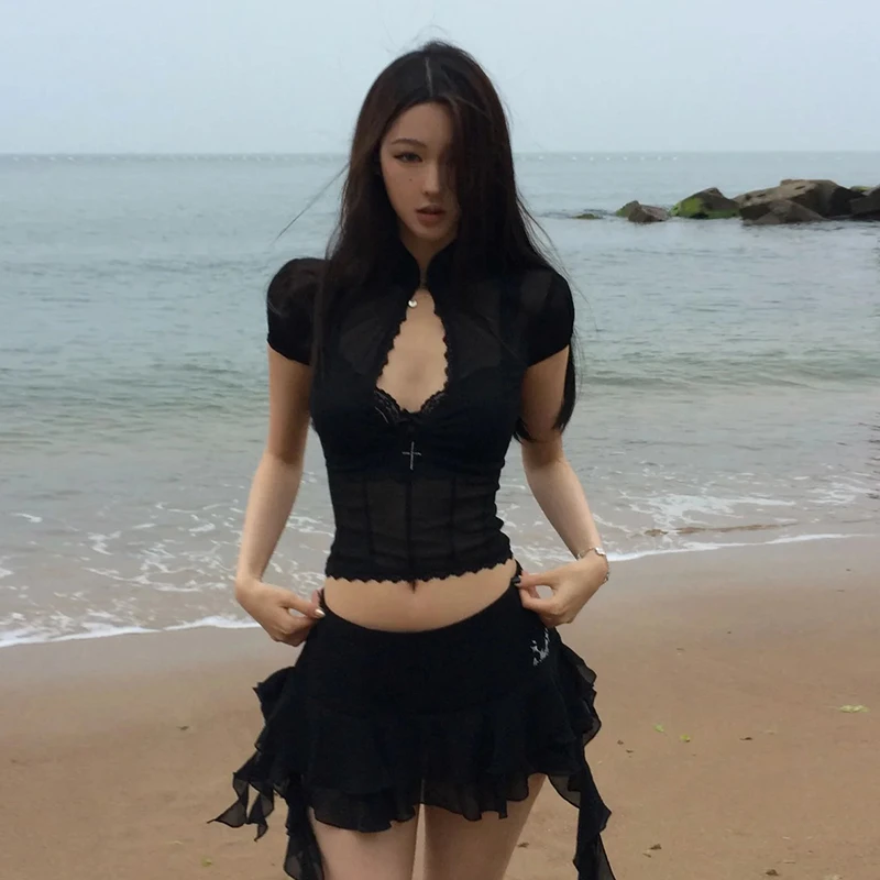 Tonngirls Y2k Fairycore Two Piece Set For Women Hollow Out Lace Mesh Shirt + Irregular Mini Shirts Vintage Skirt Sets Japanese