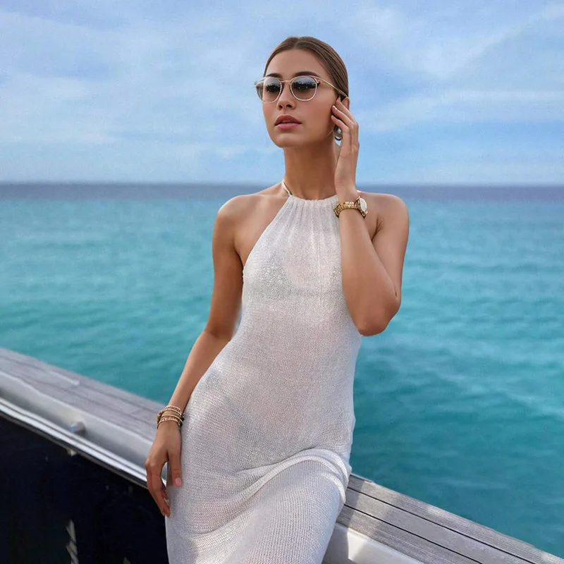 Women Backless Knitted Cover Up Maxi Dress Sexy Sheer Lace Up High Slit Bodycon Long Dress Summer Female Beach Vacation Sundress