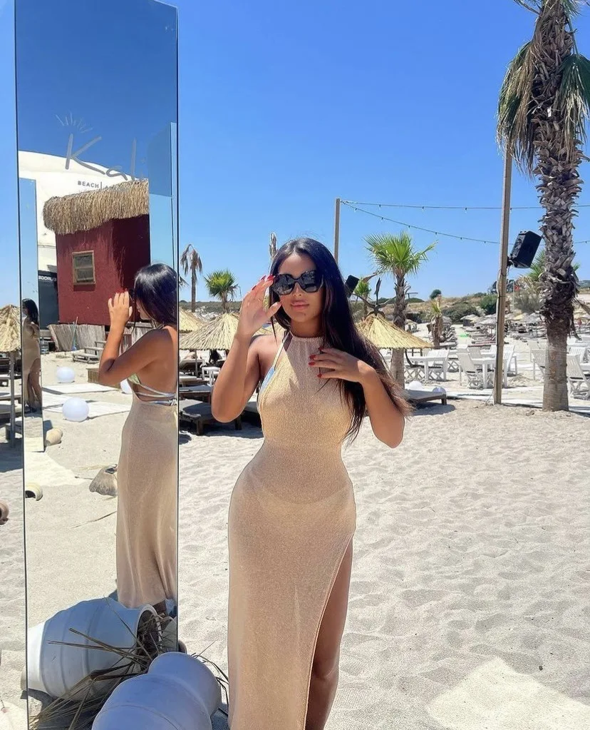 Women Backless Knitted Cover Up Maxi Dress Sexy Sheer Lace Up High Slit Bodycon Long Dress Summer Female Beach Vacation Sundress