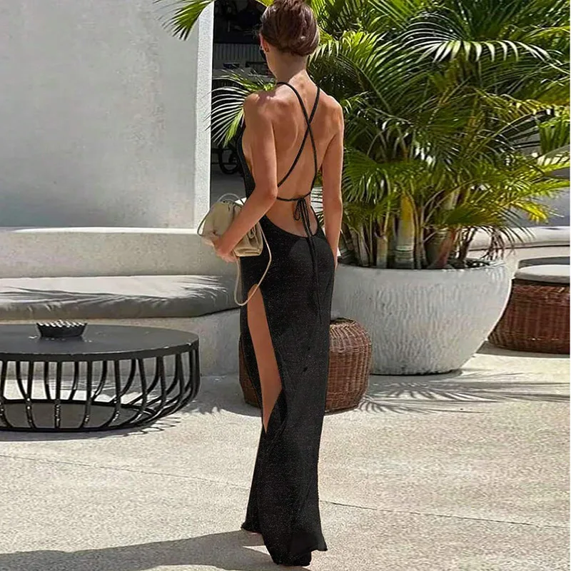 Women Backless Knitted Cover Up Maxi Dress Sexy Sheer Lace Up High Slit Bodycon Long Dress Summer Female Beach Vacation Sundress