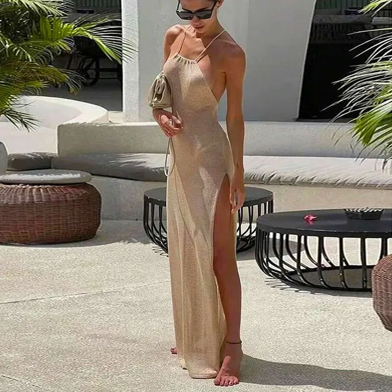 Women Backless Knitted Cover Up Maxi Dress Sexy Sheer Lace Up High Slit Bodycon Long Dress Summer Female Beach Vacation Sundress