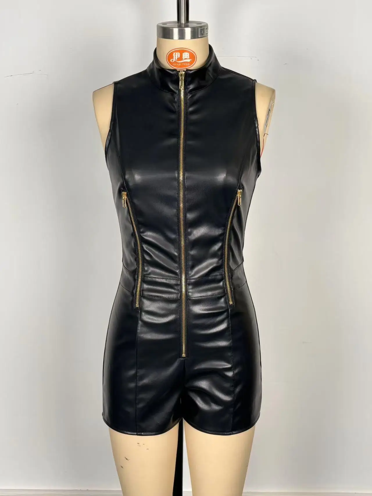 2026 New Women's Black Faux Leather Sleeveless Romper High-neck Zip-detail Fitted Party Club Jumpsuit with Sleeveless Shorts