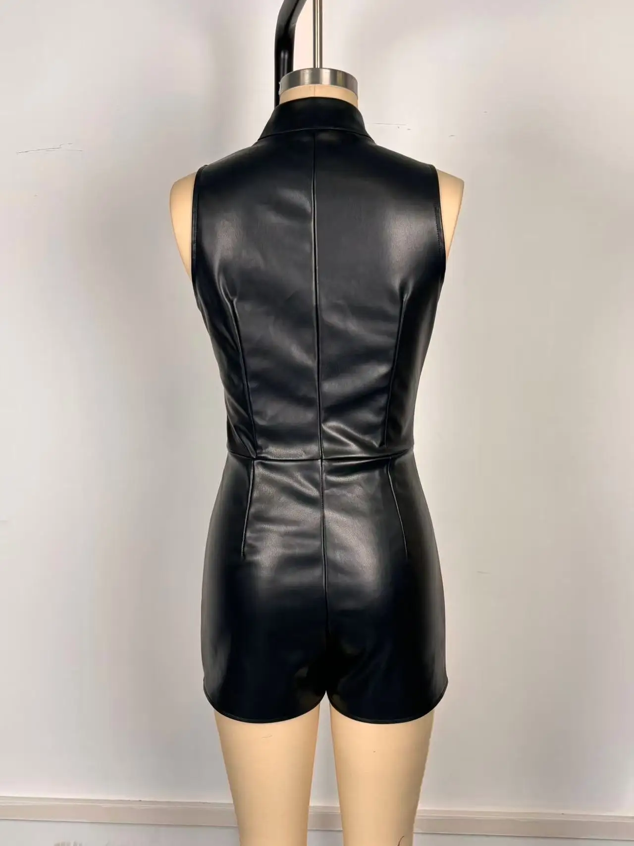 2026 New Women's Black Faux Leather Sleeveless Romper High-neck Zip-detail Fitted Party Club Jumpsuit with Sleeveless Shorts