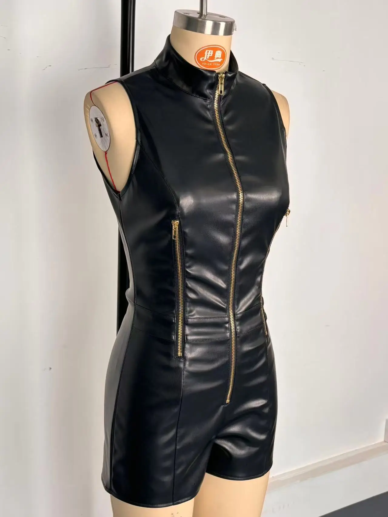 2026 New Women's Black Faux Leather Sleeveless Romper High-neck Zip-detail Fitted Party Club Jumpsuit with Sleeveless Shorts