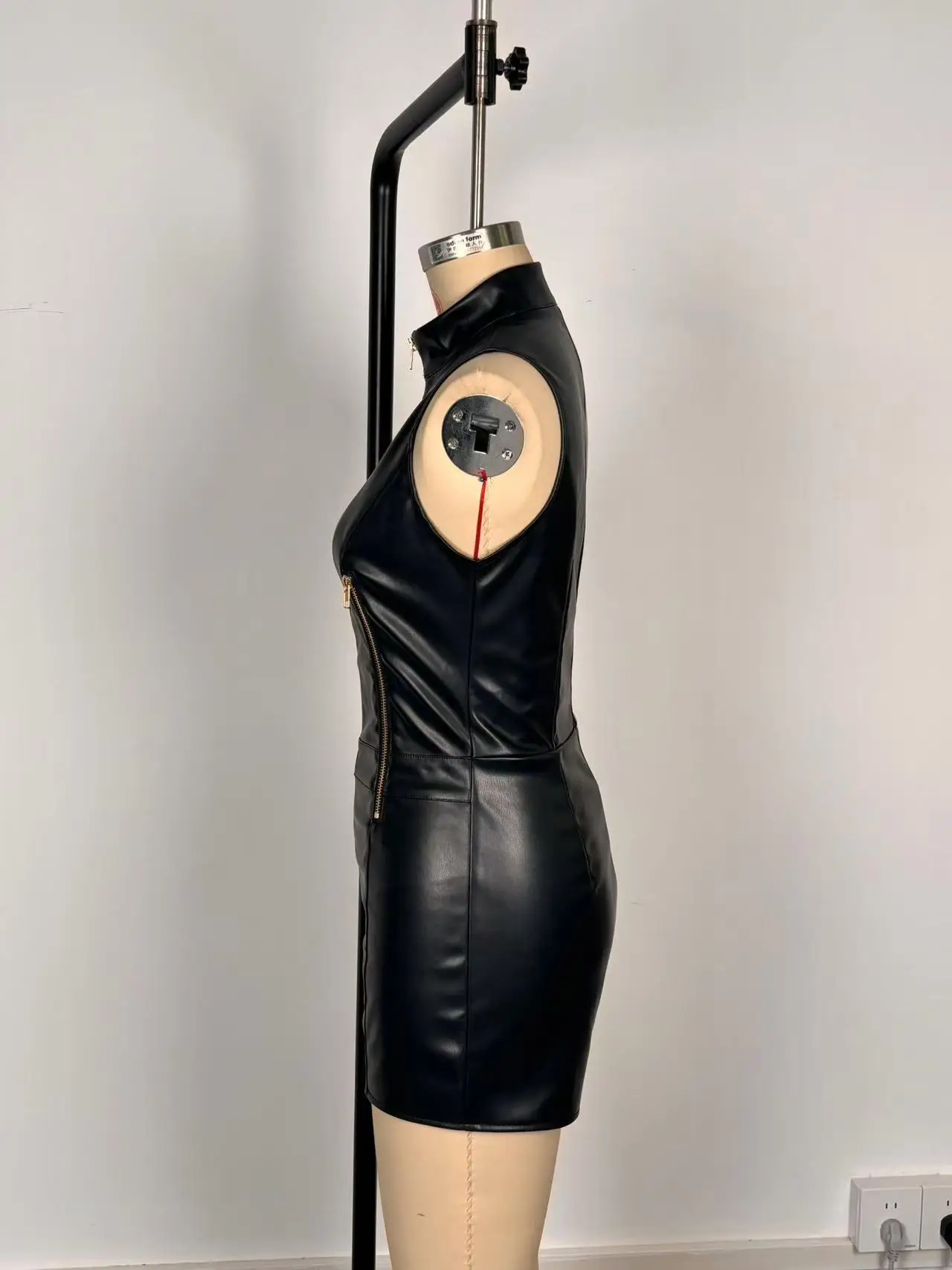 2026 New Women's Black Faux Leather Sleeveless Romper High-neck Zip-detail Fitted Party Club Jumpsuit with Sleeveless Shorts