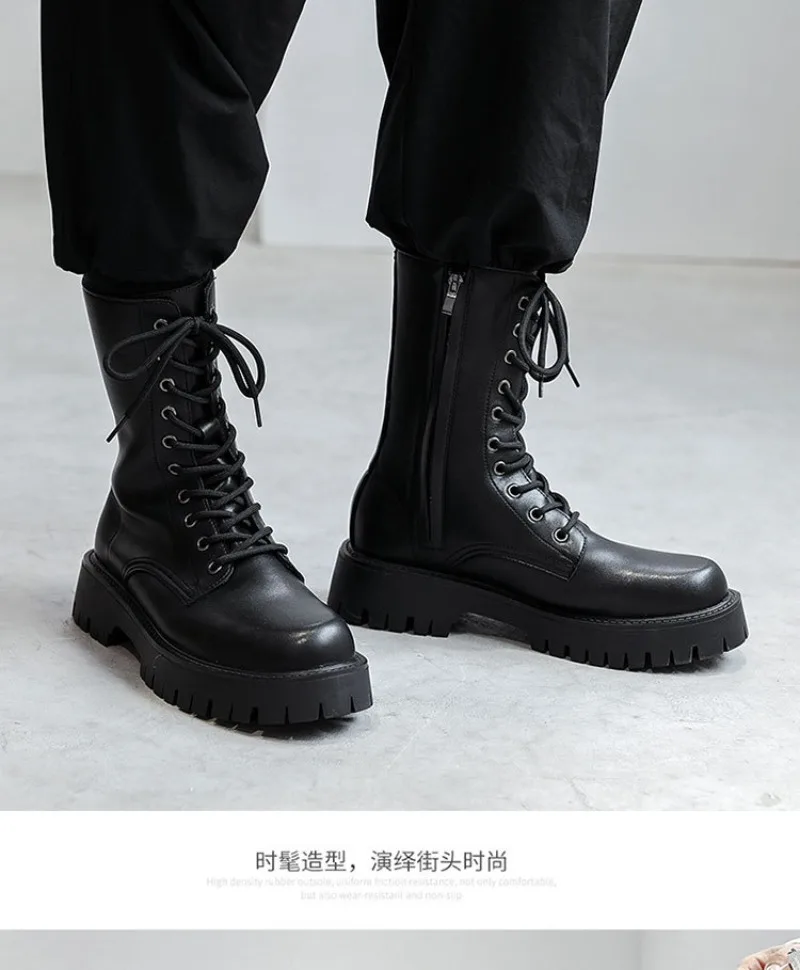 2025New Men's High-top Boots Punk Style Motorcycle Boots Classic Black Casual Leather Boot Lace Up Mid-Calf Platform Boots Botas