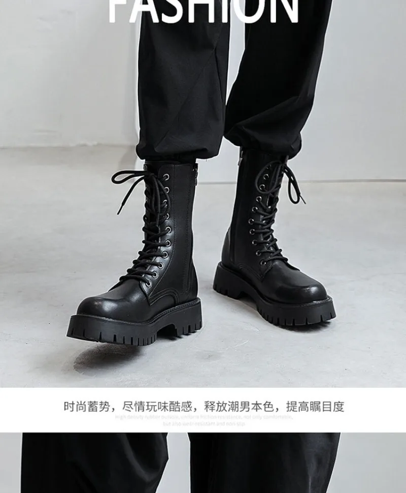 2025New Men's High-top Boots Punk Style Motorcycle Boots Classic Black Casual Leather Boot Lace Up Mid-Calf Platform Boots Botas