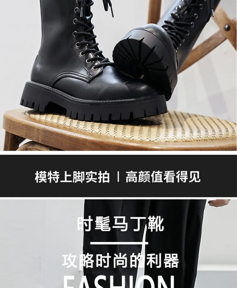 2025New Men's High-top Boots Punk Style Motorcycle Boots Classic Black Casual Leather Boot Lace Up Mid-Calf Platform Boots Botas
