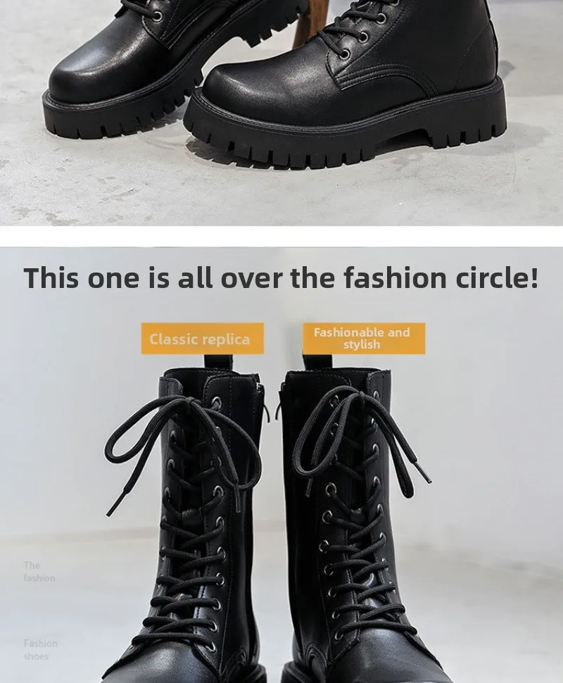 2025New Men's High-top Boots Punk Style Motorcycle Boots Classic Black Casual Leather Boot Lace Up Mid-Calf Platform Boots Botas