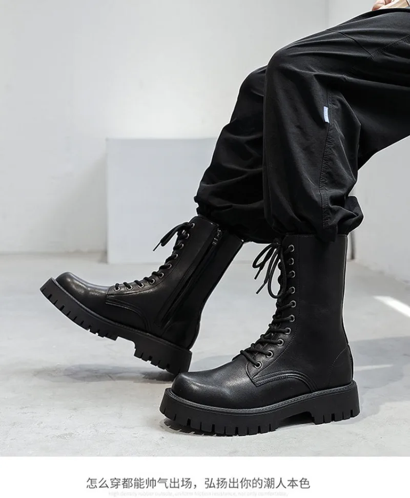 2025New Men's High-top Boots Punk Style Motorcycle Boots Classic Black Casual Leather Boot Lace Up Mid-Calf Platform Boots Botas