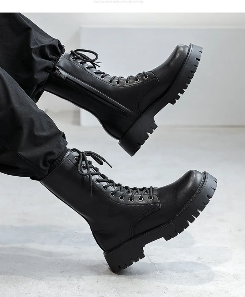 2025New Men's High-top Boots Punk Style Motorcycle Boots Classic Black Casual Leather Boot Lace Up Mid-Calf Platform Boots Botas