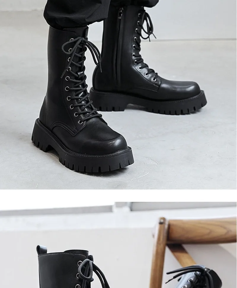 2025New Men's High-top Boots Punk Style Motorcycle Boots Classic Black Casual Leather Boot Lace Up Mid-Calf Platform Boots Botas