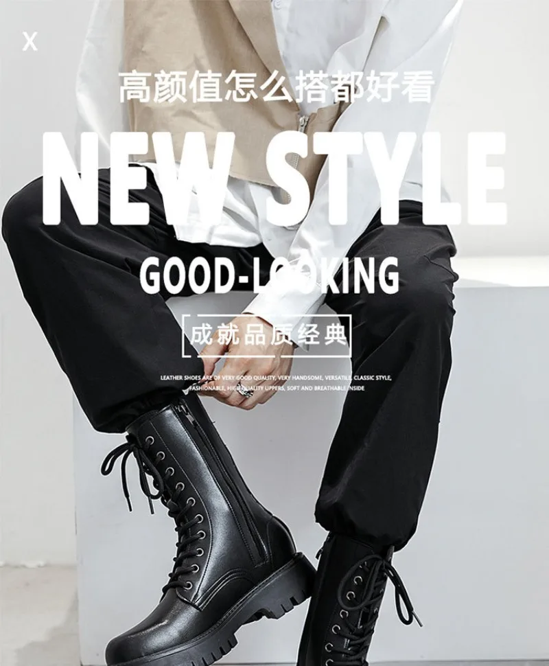 2025New Men's High-top Boots Punk Style Motorcycle Boots Classic Black Casual Leather Boot Lace Up Mid-Calf Platform Boots Botas