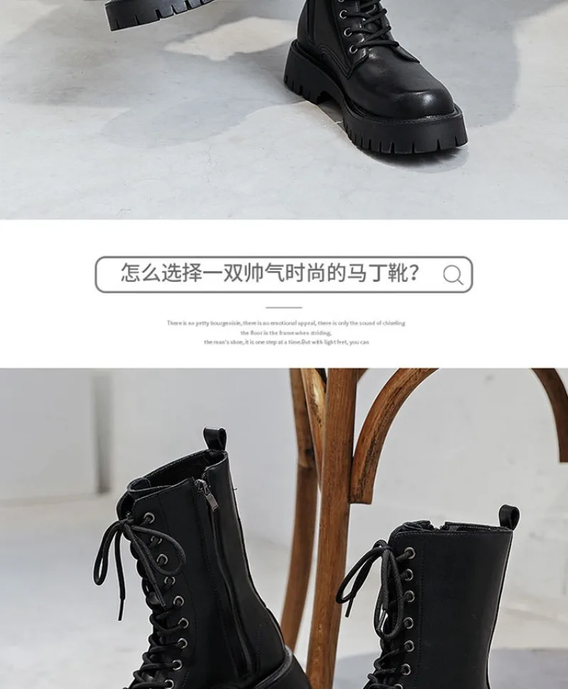 2025New Men's High-top Boots Punk Style Motorcycle Boots Classic Black Casual Leather Boot Lace Up Mid-Calf Platform Boots Botas