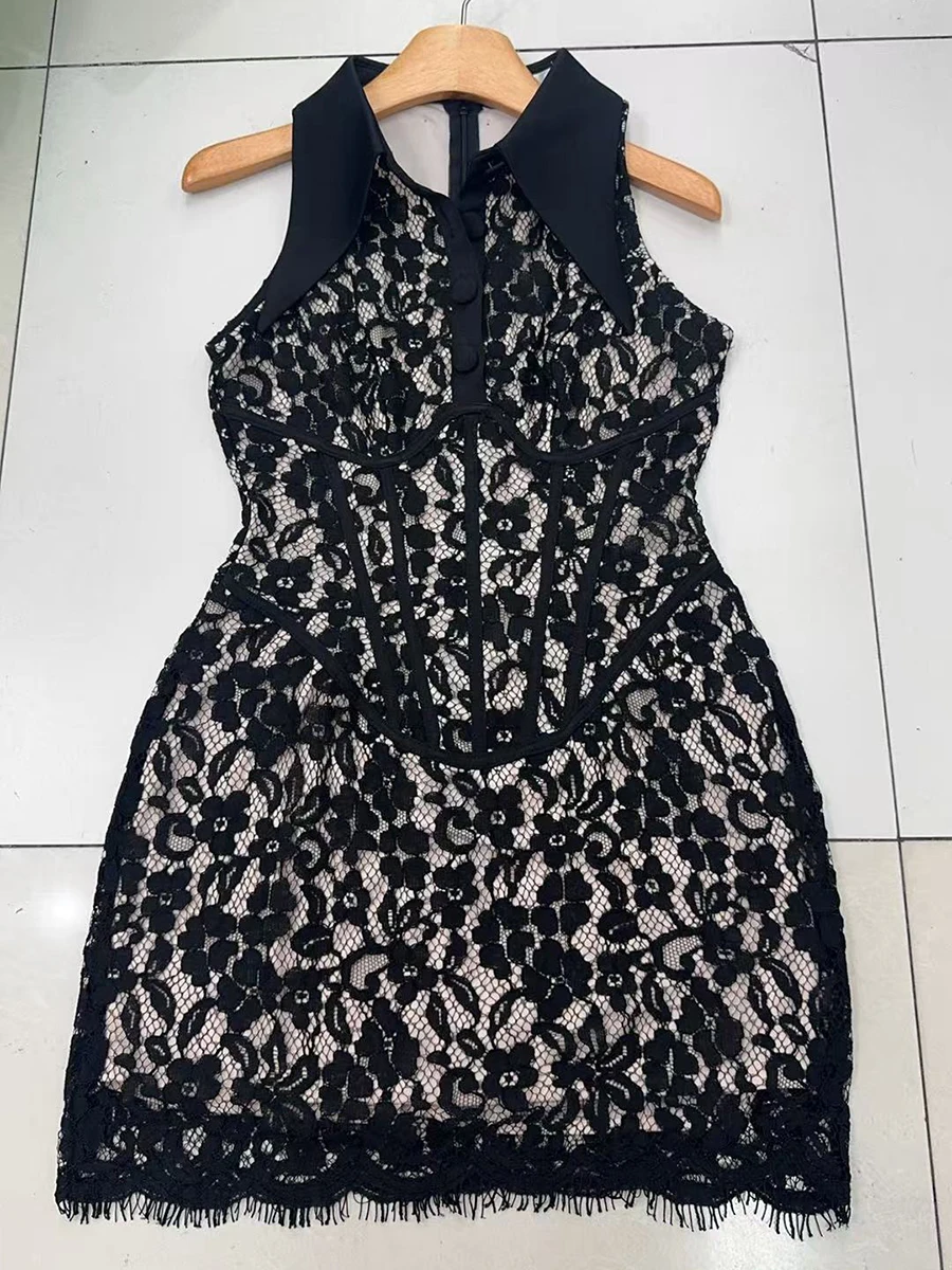 TWOTWINSTYLE Patchwork Lace Dresses for Women Lapel Sleeveless High Waist Slimming Spliced Button Mini Dress Female Fashion 2026