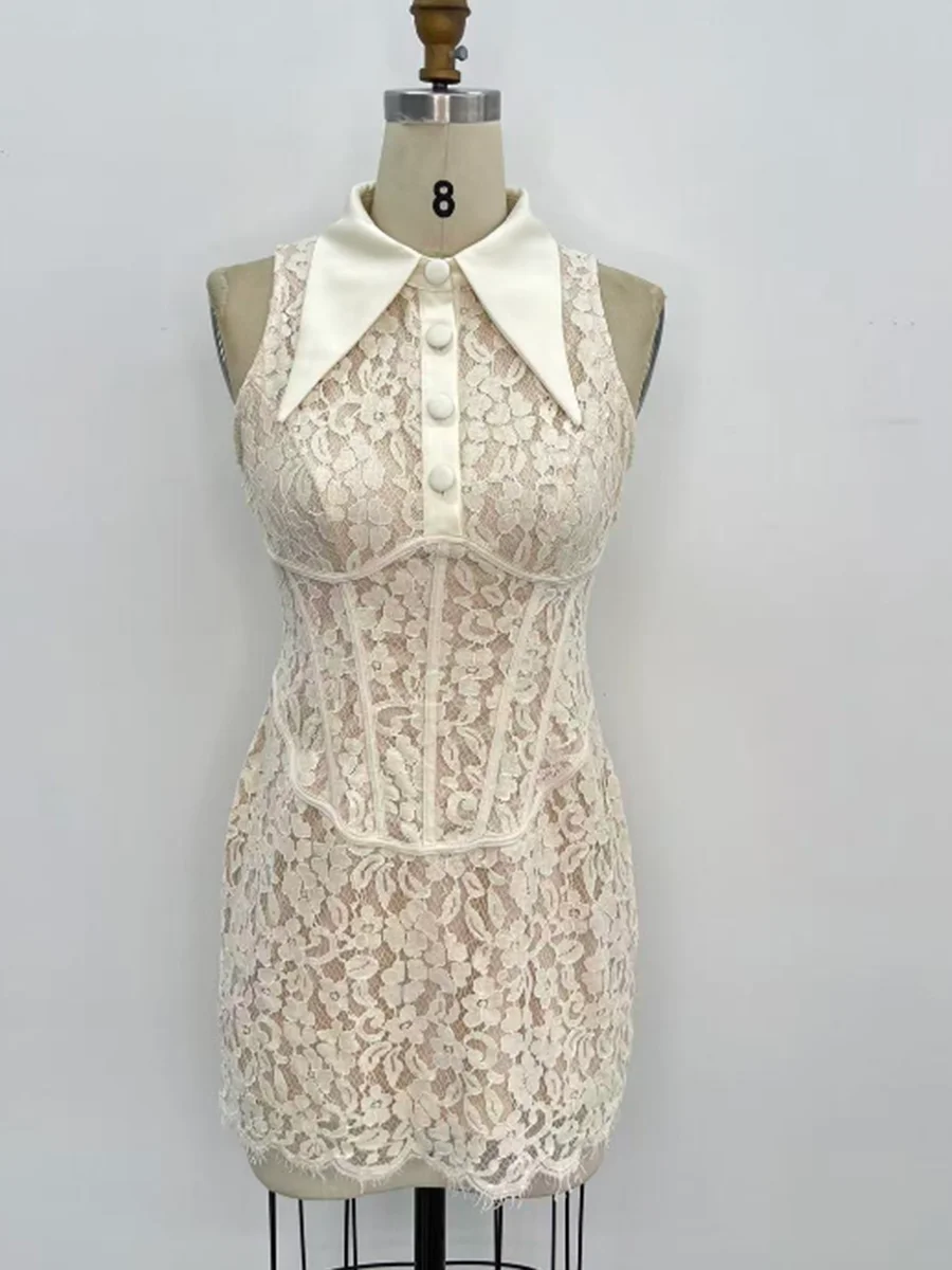 TWOTWINSTYLE Patchwork Lace Dresses for Women Lapel Sleeveless High Waist Slimming Spliced Button Mini Dress Female Fashion 2026