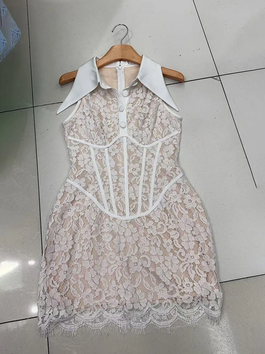 TWOTWINSTYLE Patchwork Lace Dresses for Women Lapel Sleeveless High Waist Slimming Spliced Button Mini Dress Female Fashion 2026