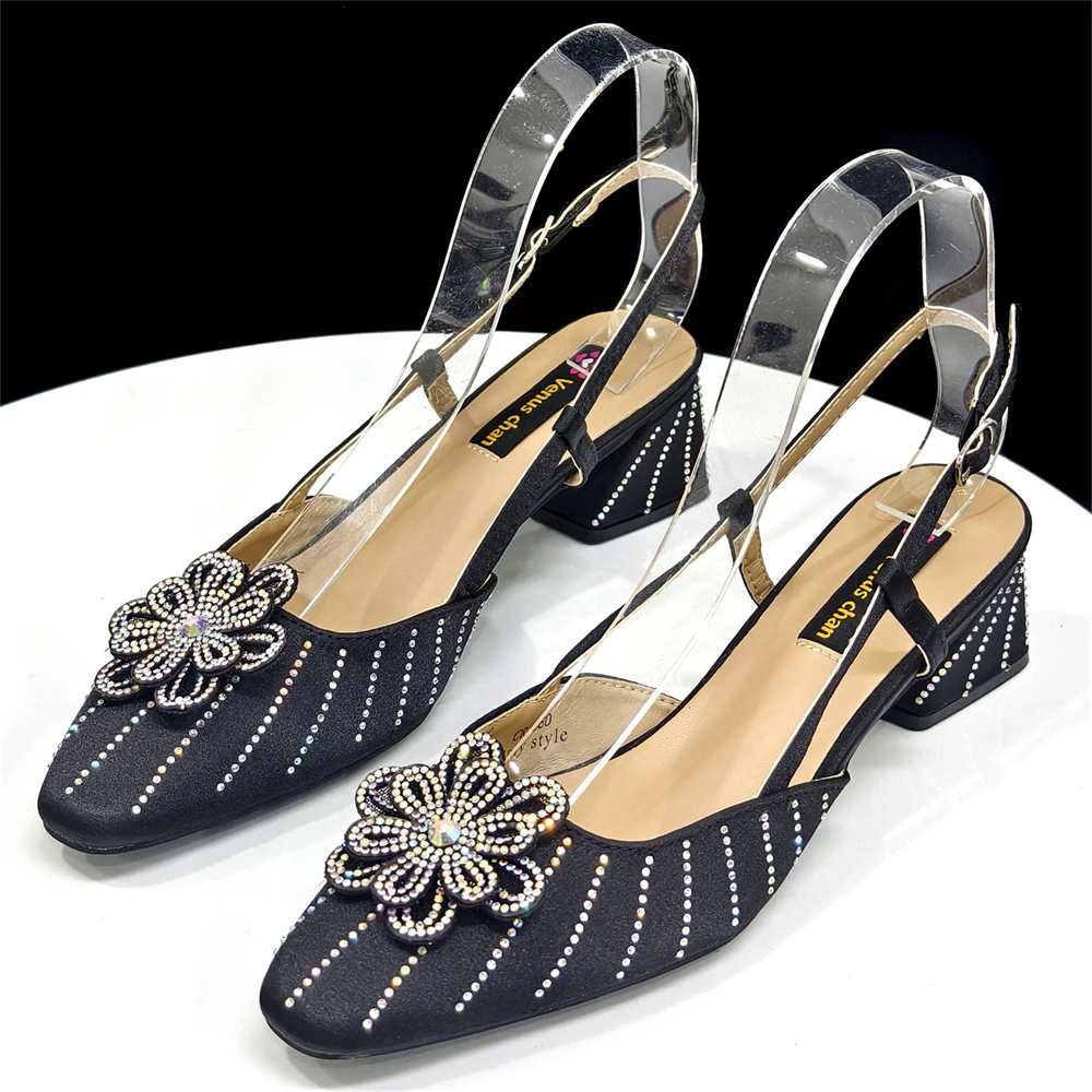 Party Shoes and Bag Ladies Heel Decoration Pure Elegant Flower Wedding Shoes and Bag Full Rhinestone Fashion Handbag