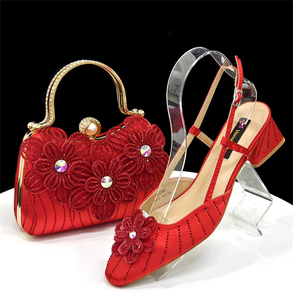 Party Shoes and Bag Ladies Heel Decoration Pure Elegant Flower Wedding Shoes and Bag Full Rhinestone Fashion Handbag