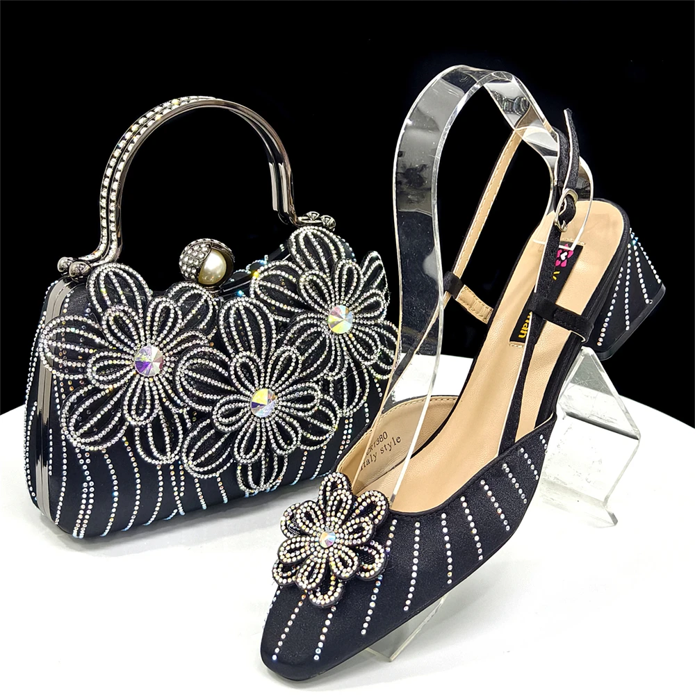 Party Shoes and Bag Ladies Heel Decoration Pure Elegant Flower Wedding Shoes and Bag Full Rhinestone Fashion Handbag