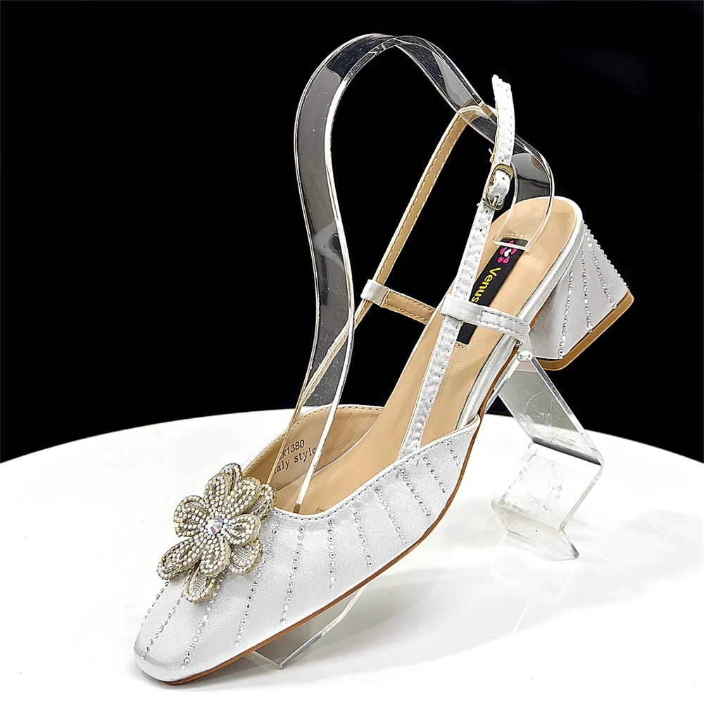Party Shoes and Bag Ladies Heel Decoration Pure Elegant Flower Wedding Shoes and Bag Full Rhinestone Fashion Handbag