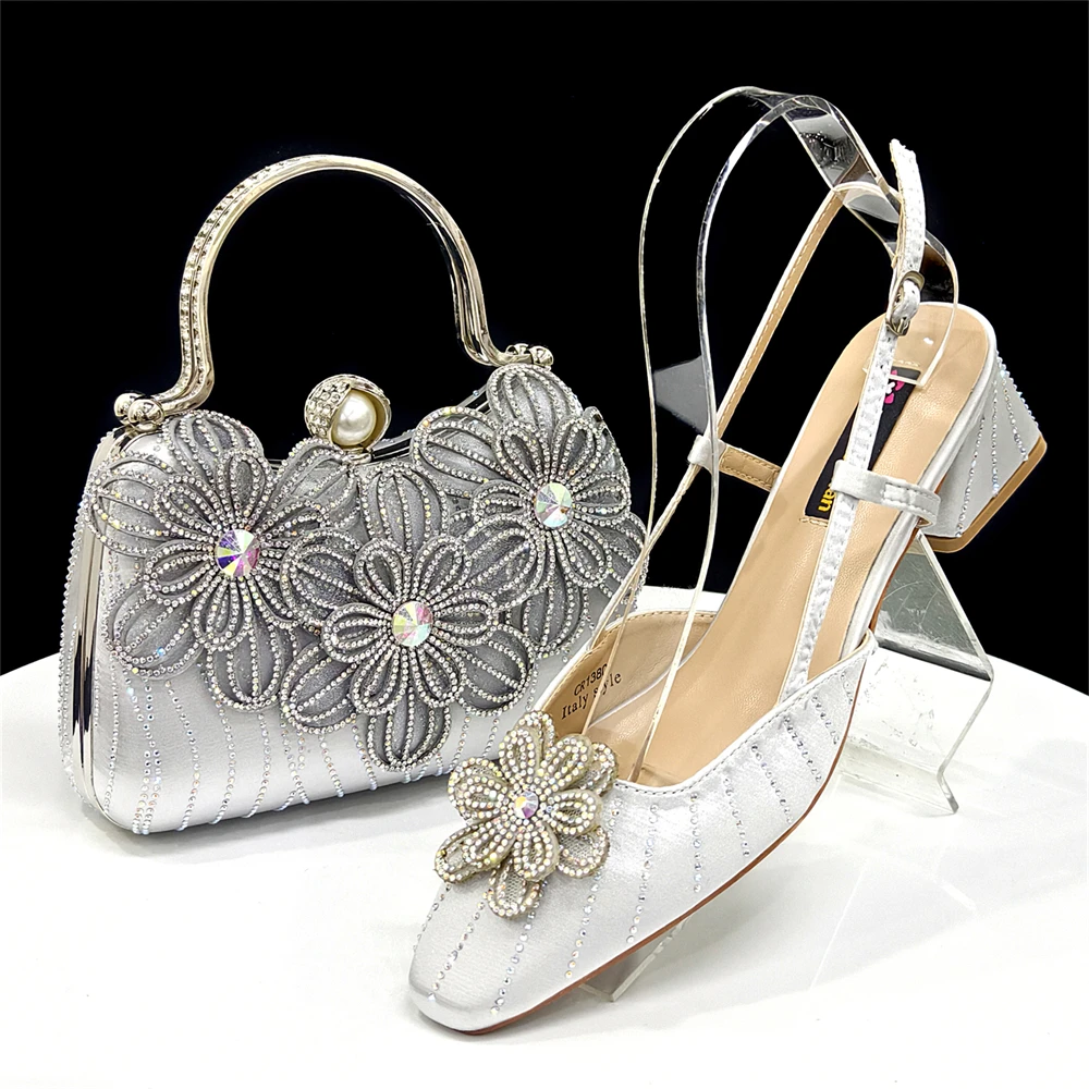Party Shoes and Bag Ladies Heel Decoration Pure Elegant Flower Wedding Shoes and Bag Full Rhinestone Fashion Handbag