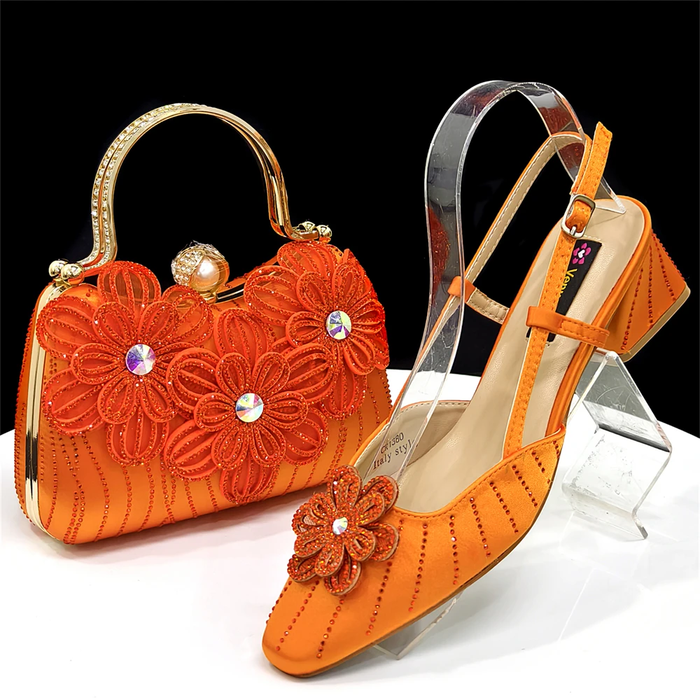 Party Shoes and Bag Ladies Heel Decoration Pure Elegant Flower Wedding Shoes and Bag Full Rhinestone Fashion Handbag