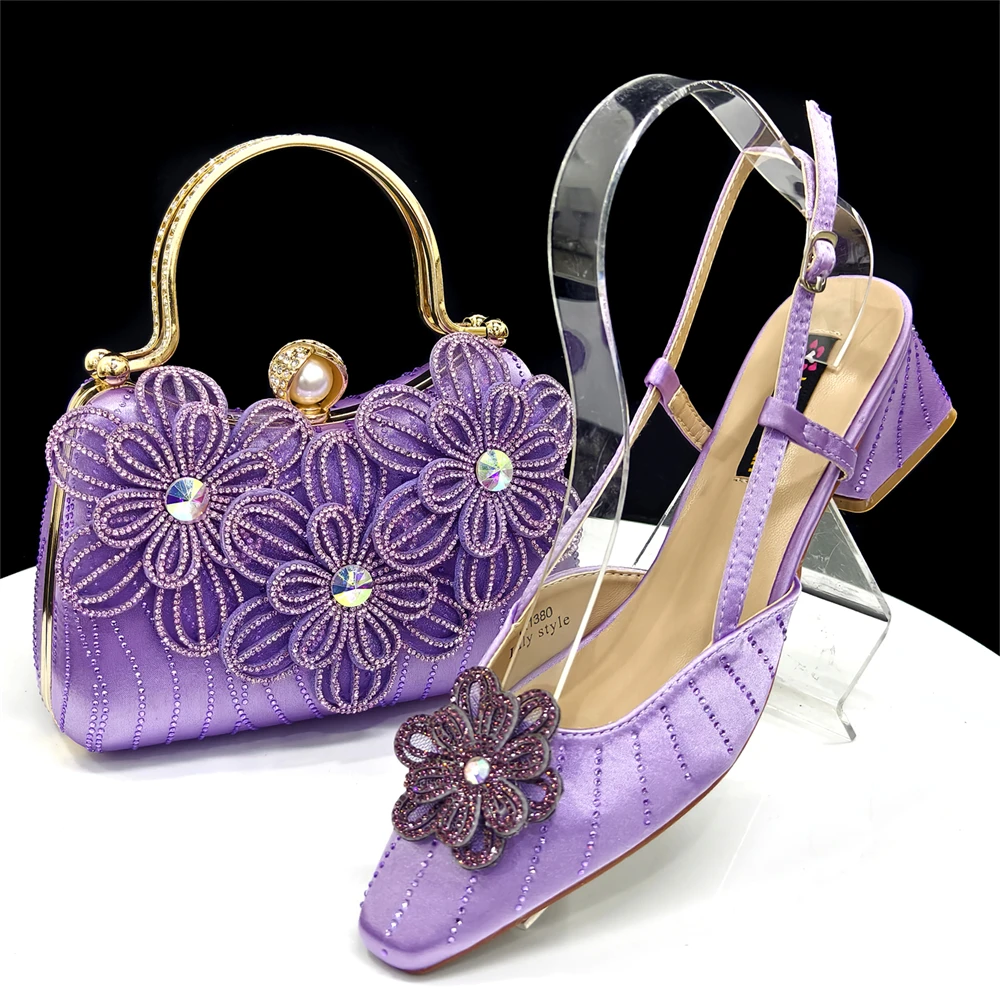 Party Shoes and Bag Ladies Heel Decoration Pure Elegant Flower Wedding Shoes and Bag Full Rhinestone Fashion Handbag