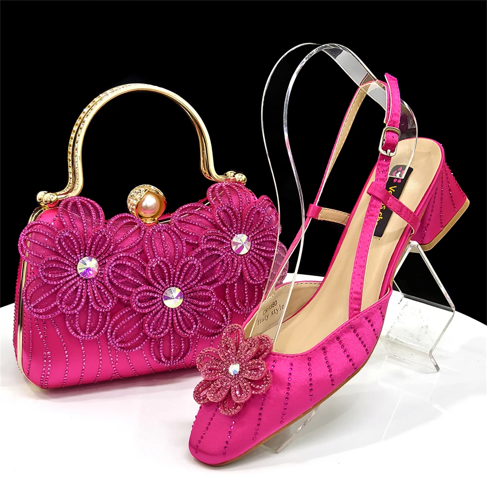 Party Shoes and Bag Ladies Heel Decoration Pure Elegant Flower Wedding Shoes and Bag Full Rhinestone Fashion Handbag