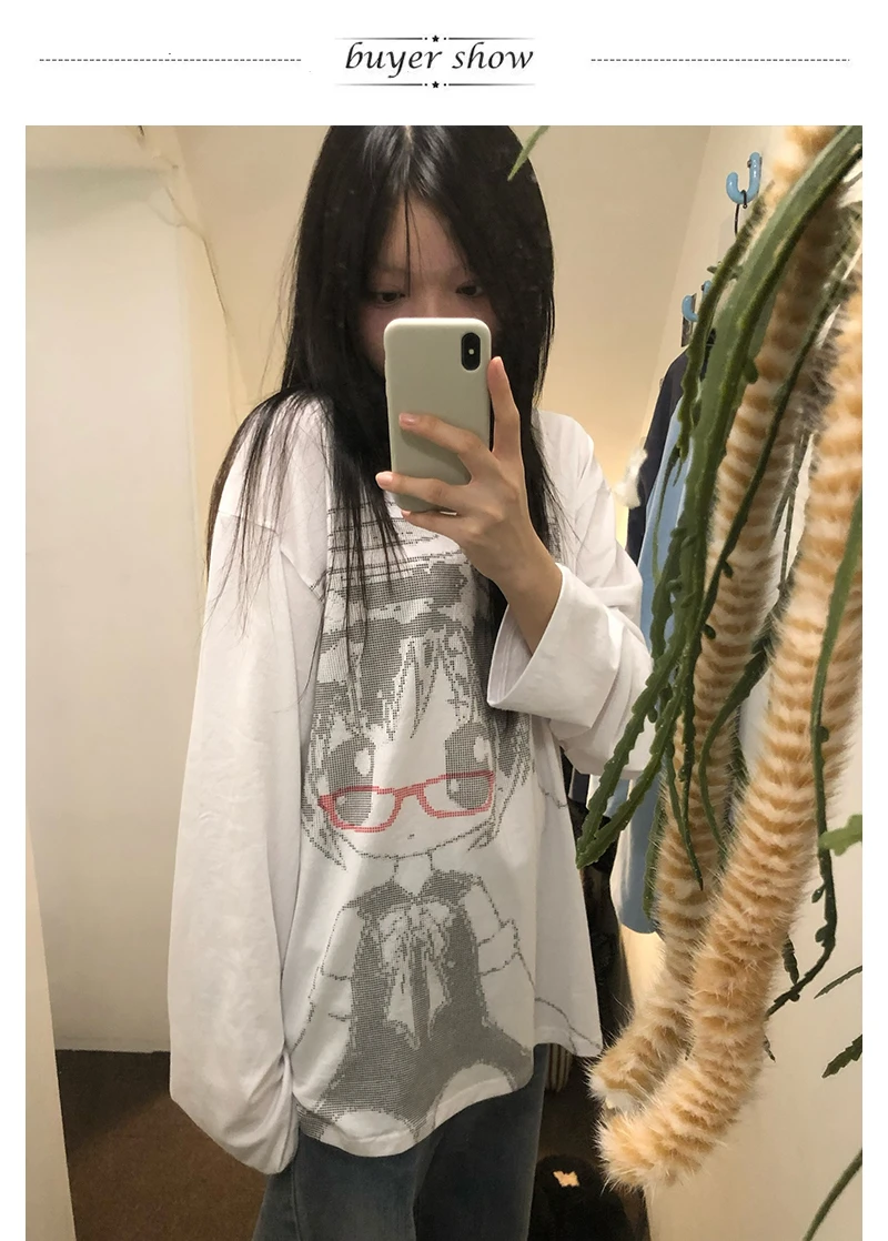Karrram Japanese Y2k Anime Print T-shirt 2000s Korean Style Long Sleeve T Shirt Vintage Harajuku Cutecore White Tops Kawaii 00s