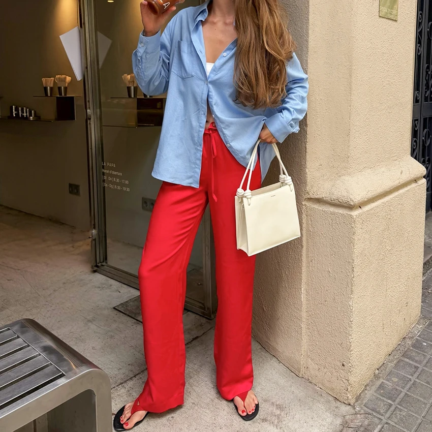 Linad Casual Red Satin Drawstring Trousers Summer Street Chic Loose Long Pants For Woman 2026 Office Low Waist Wide Leg Pants