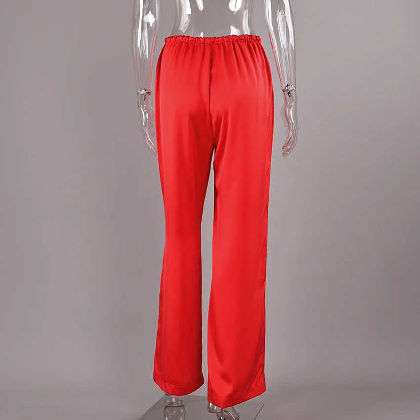 Linad Casual Red Satin Drawstring Trousers Summer Street Chic Loose Long Pants For Woman 2026 Office Low Waist Wide Leg Pants