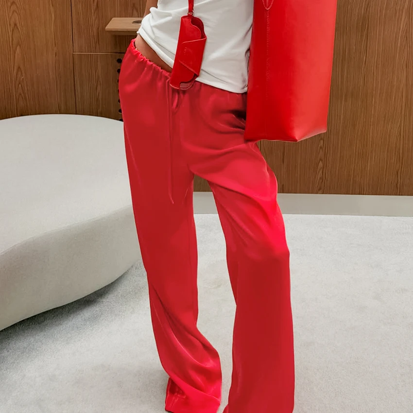 Linad Casual Red Satin Drawstring Trousers Summer Street Chic Loose Long Pants For Woman 2026 Office Low Waist Wide Leg Pants