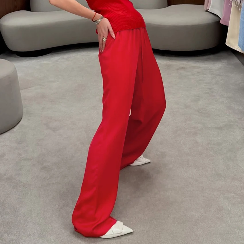 Linad Casual Red Satin Drawstring Trousers Summer Street Chic Loose Long Pants For Woman 2026 Office Low Waist Wide Leg Pants