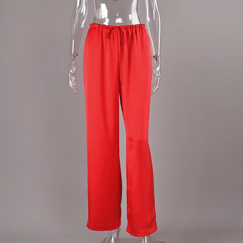 Linad Casual Red Satin Drawstring Trousers Summer Street Chic Loose Long Pants For Woman 2026 Office Low Waist Wide Leg Pants