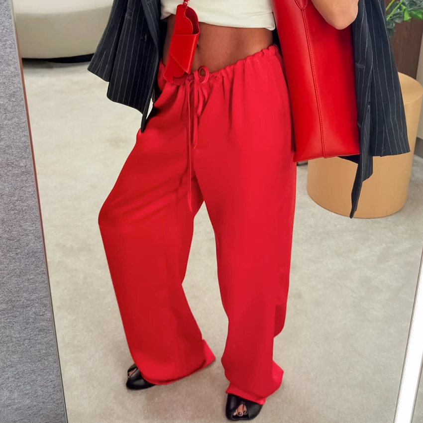 Linad Casual Red Satin Drawstring Trousers Summer Street Chic Loose Long Pants For Woman 2026 Office Low Waist Wide Leg Pants