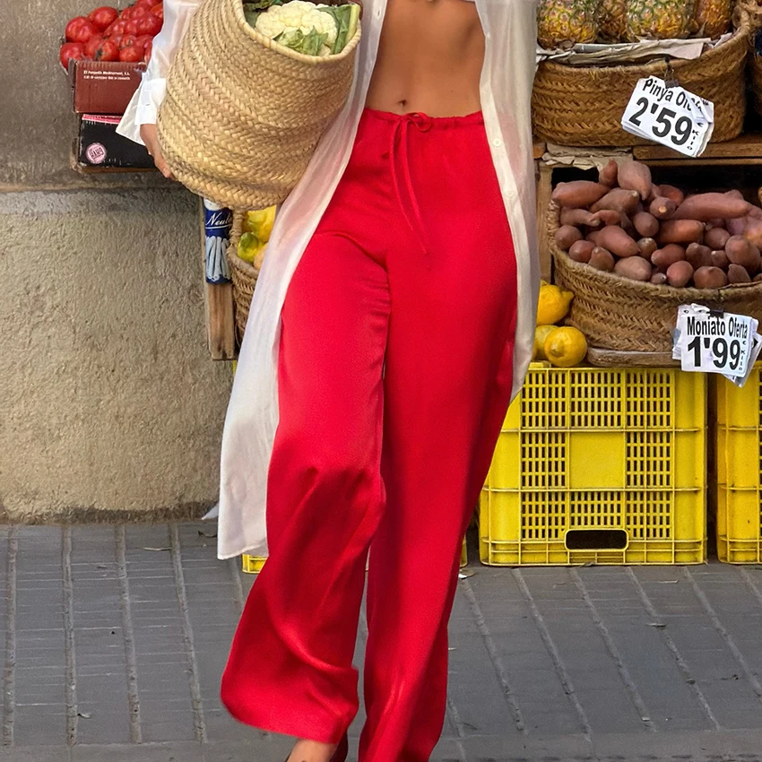 Linad Casual Red Satin Drawstring Trousers Summer Street Chic Loose Long Pants For Woman 2026 Office Low Waist Wide Leg Pants