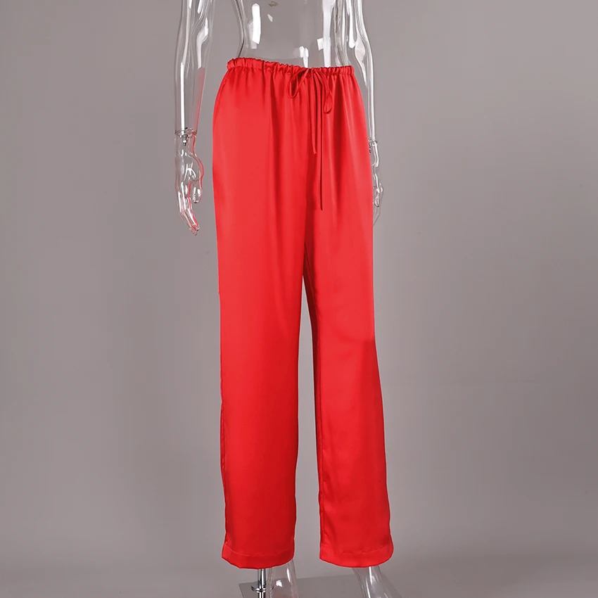 Linad Casual Red Satin Drawstring Trousers Summer Street Chic Loose Long Pants For Woman 2026 Office Low Waist Wide Leg Pants