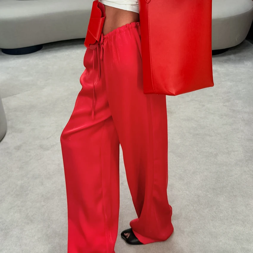 Linad Casual Red Satin Drawstring Trousers Summer Street Chic Loose Long Pants For Woman 2026 Office Low Waist Wide Leg Pants