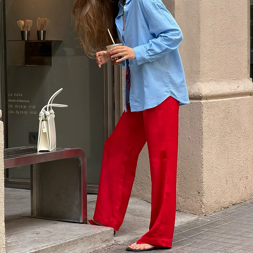 Linad Casual Red Satin Drawstring Trousers Summer Street Chic Loose Long Pants For Woman 2026 Office Low Waist Wide Leg Pants