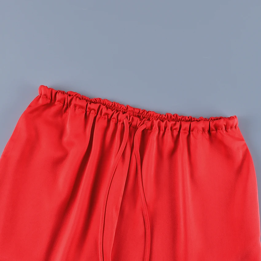 Linad Casual Red Satin Drawstring Trousers Summer Street Chic Loose Long Pants For Woman 2026 Office Low Waist Wide Leg Pants