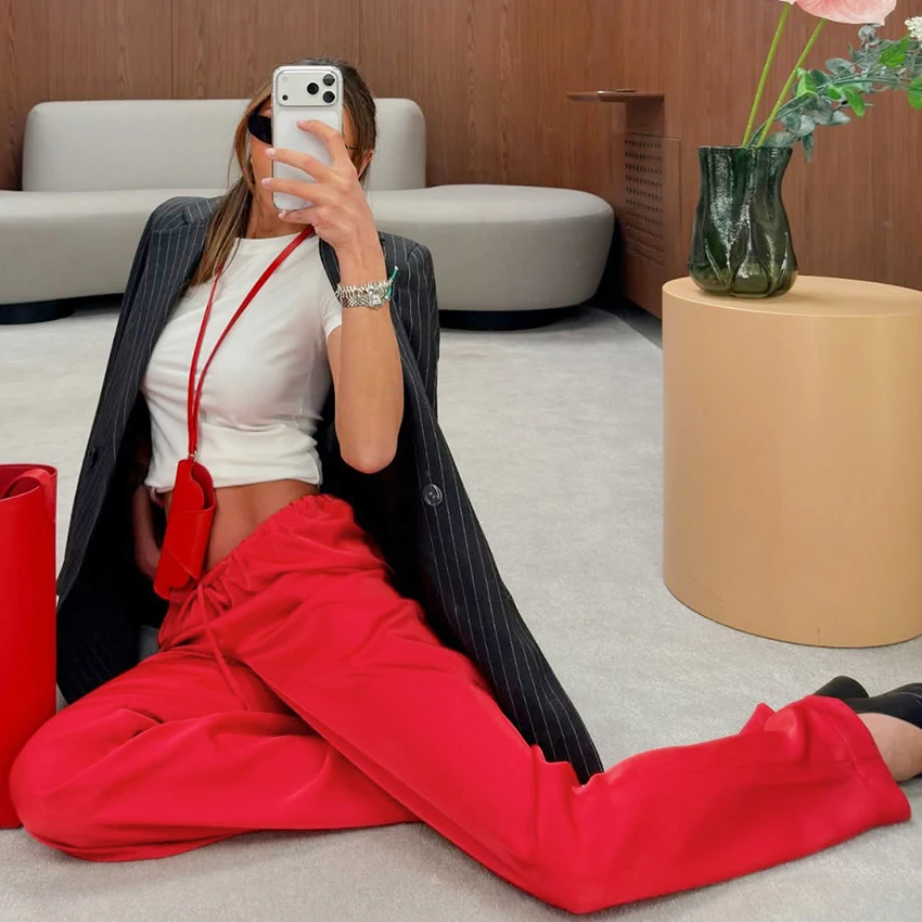 Linad Casual Red Satin Drawstring Trousers Summer Street Chic Loose Long Pants For Woman 2026 Office Low Waist Wide Leg Pants