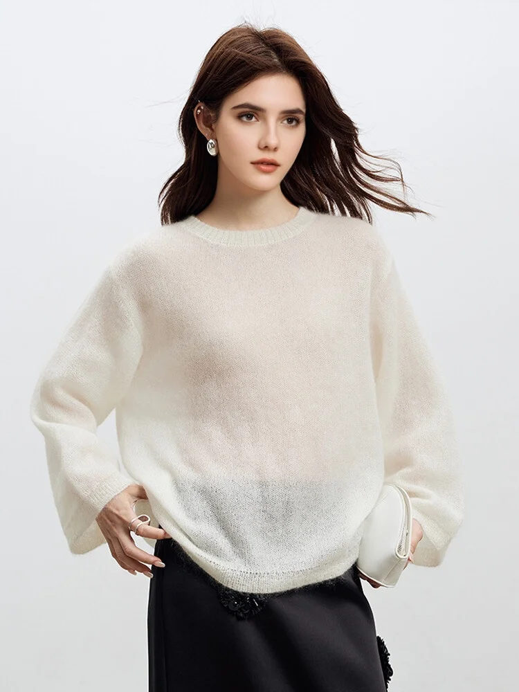 SuyaDream, Women Pullovers, 53.1%Mohair, O-Neck, Soft Loose Sweaters, 2025 Fall Winter Cozy Top, Pink, White