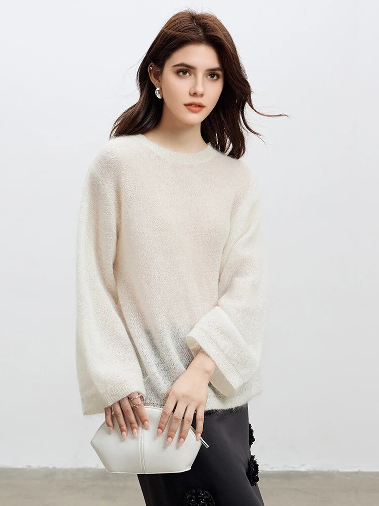 SuyaDream, Women Pullovers, 53.1%Mohair, O-Neck, Soft Loose Sweaters, 2025 Fall Winter Cozy Top, Pink, White
