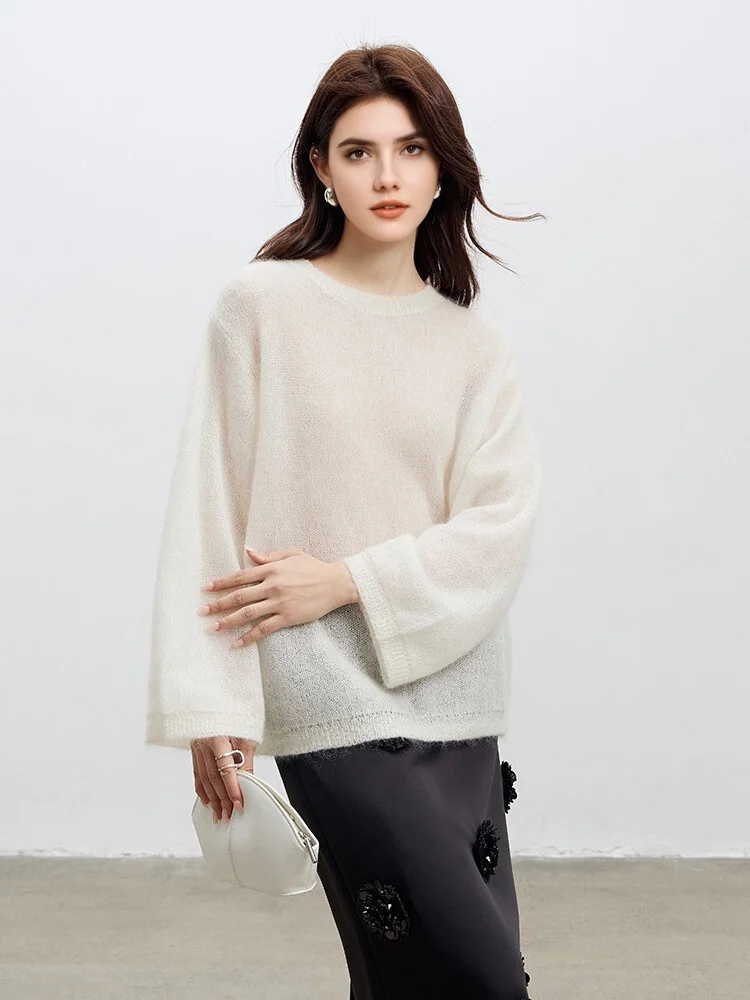 SuyaDream, Women Pullovers, 53.1%Mohair, O-Neck, Soft Loose Sweaters, 2025 Fall Winter Cozy Top, Pink, White