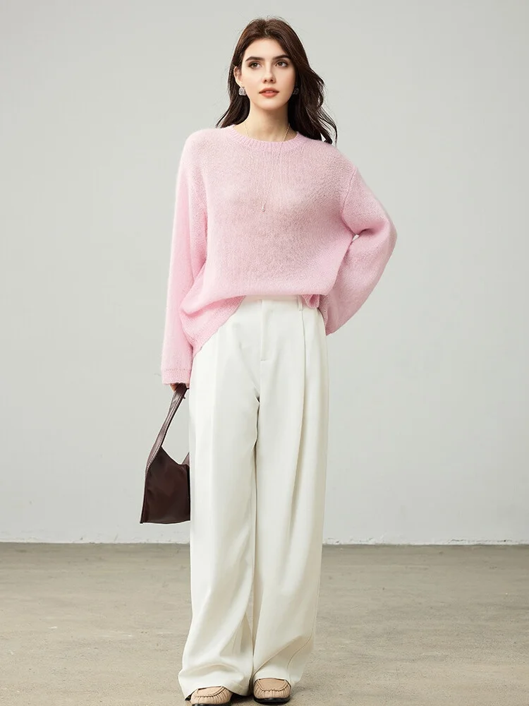 SuyaDream, Women Pullovers, 53.1%Mohair, O-Neck, Soft Loose Sweaters, 2025 Fall Winter Cozy Top, Pink, White