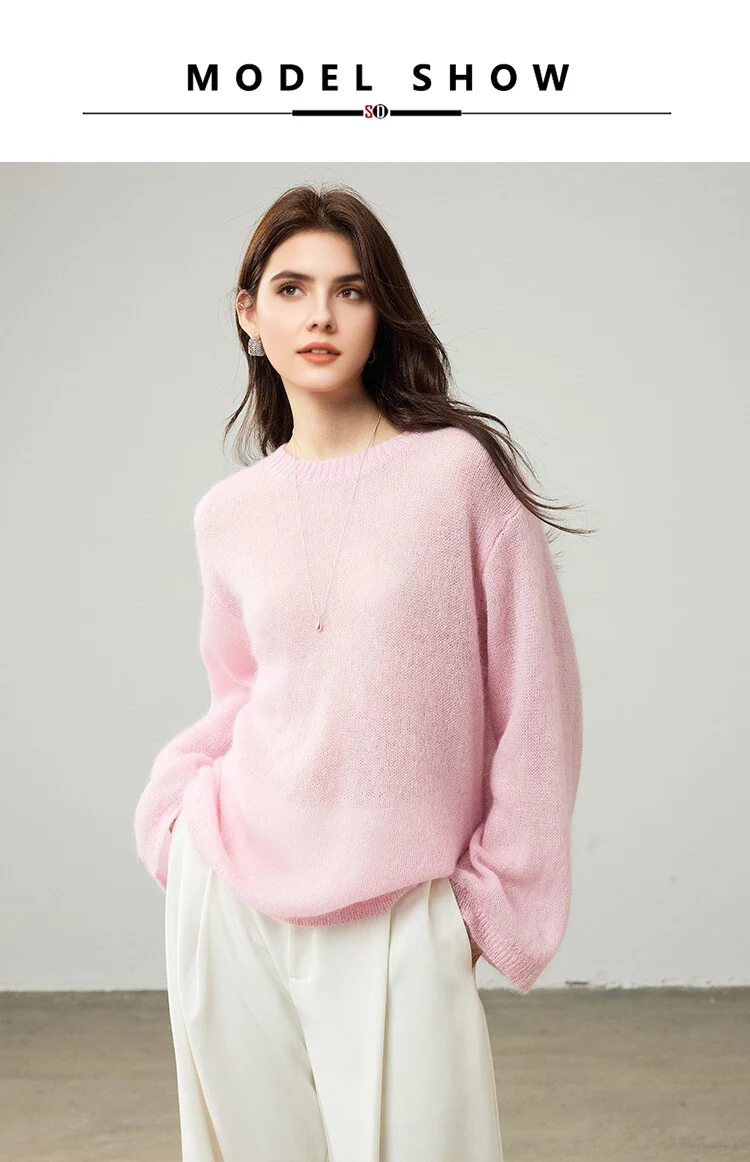 SuyaDream, Women Pullovers, 53.1%Mohair, O-Neck, Soft Loose Sweaters, 2025 Fall Winter Cozy Top, Pink, White